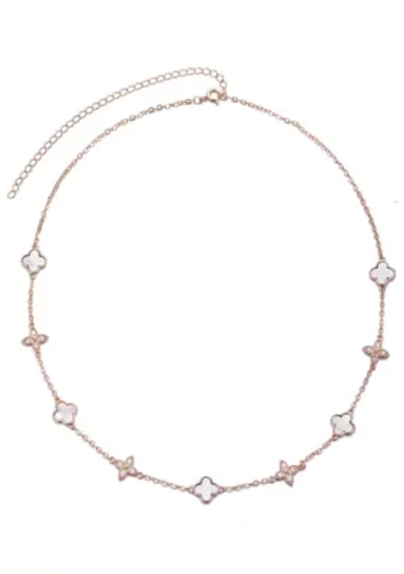 14k Rose Gold Plated Mixed Mother of Pearl and CZ Clover Station Necklace