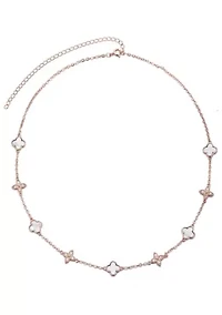 14k Rose Gold Plated Mixed Mother of Pearl and CZ Clover Station Necklace
