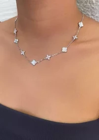 Silver Plated Mixed Mother of Pearl and CZ Clover Station Necklace