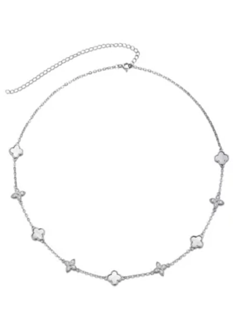 Silver Plated Mixed Mother of Pearl and CZ Clover Station Necklace