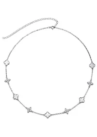 Silver Plated Mixed Mother of Pearl and CZ Clover Station Necklace