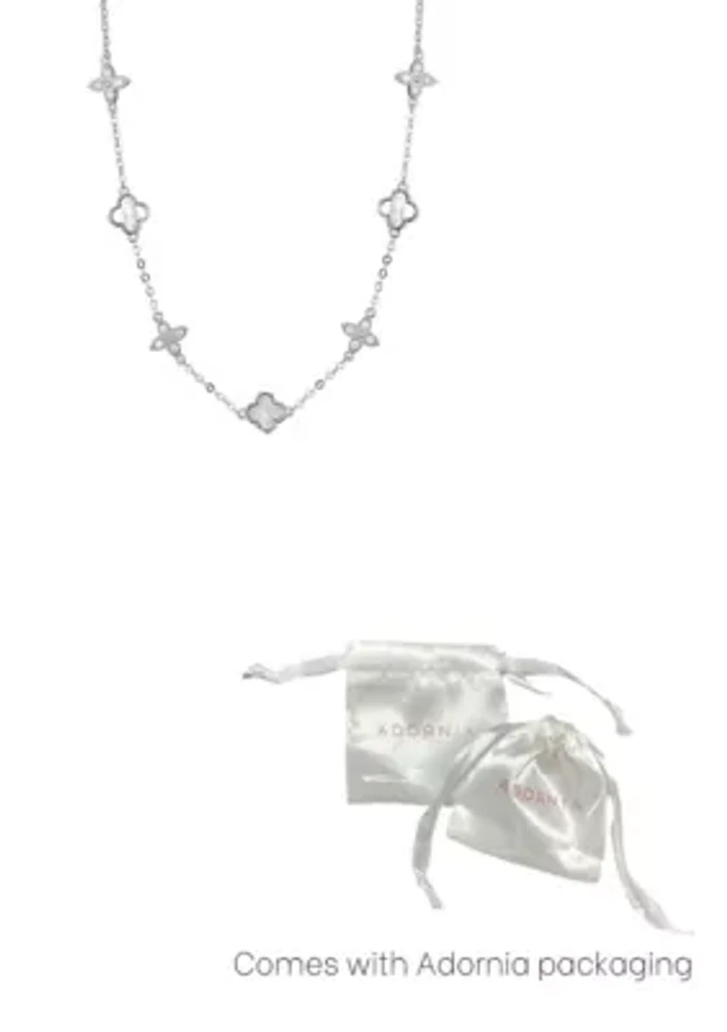 Silver Plated Mixed Mother of Pearl and CZ Clover Station Necklace