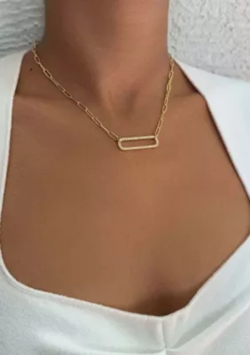 14k Gold Plated CZ Rounded Rectangle Pendant Necklace