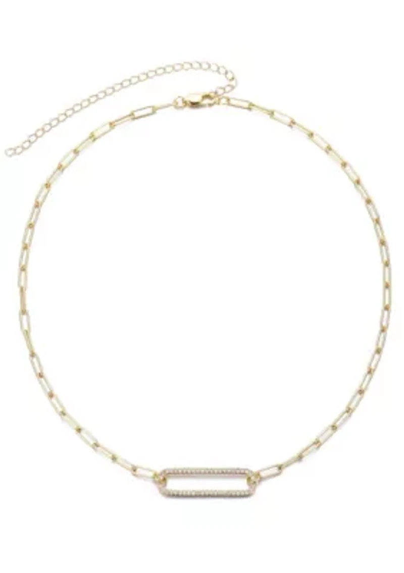 14k Gold Plated CZ Rounded Rectangle Pendant Necklace