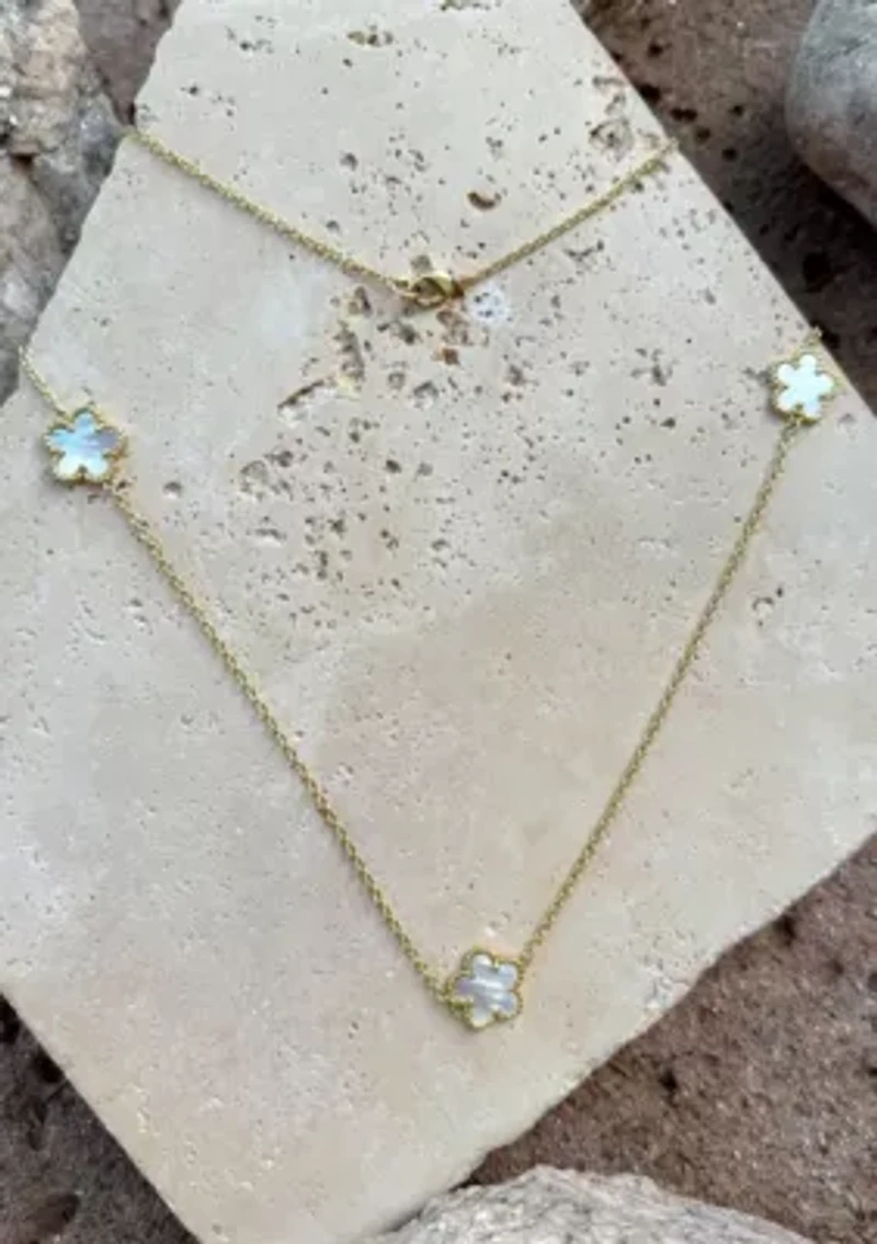Gold Plated 36" 5-Leaf Clover Mother of Pearl Station Necklace