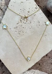Gold Plated 36" 5-Leaf Clover Mother of Pearl Station Necklace