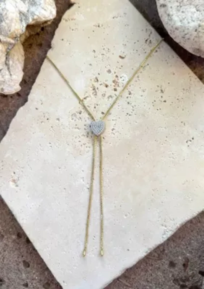 14k Gold Plated CZ Heart Bolo Necklace