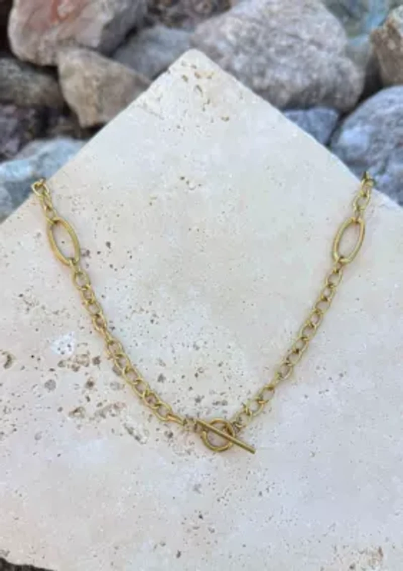 Tarnish Resistant 18k Gold Plated Mixed Link Toggle Necklace