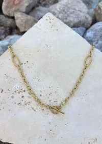 Tarnish Resistant 18k Gold Plated Mixed Link Toggle Necklace
