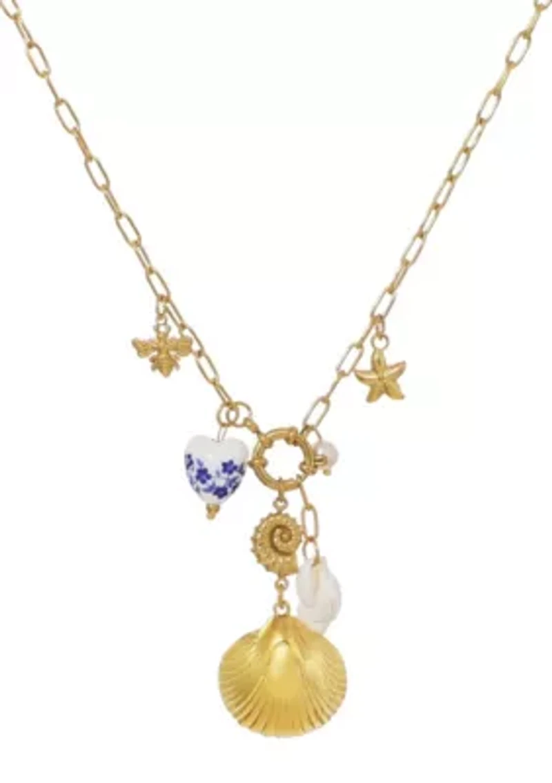 Tarnish Resistant 18k Gold Plated Shell and Charm Y-Necklace