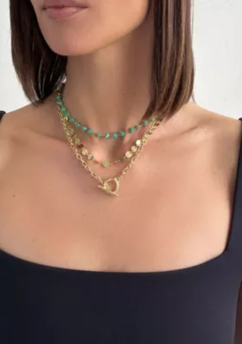 14k Gold Plated 3-Layer Toggle, Confetti, and Turquoise Necklace