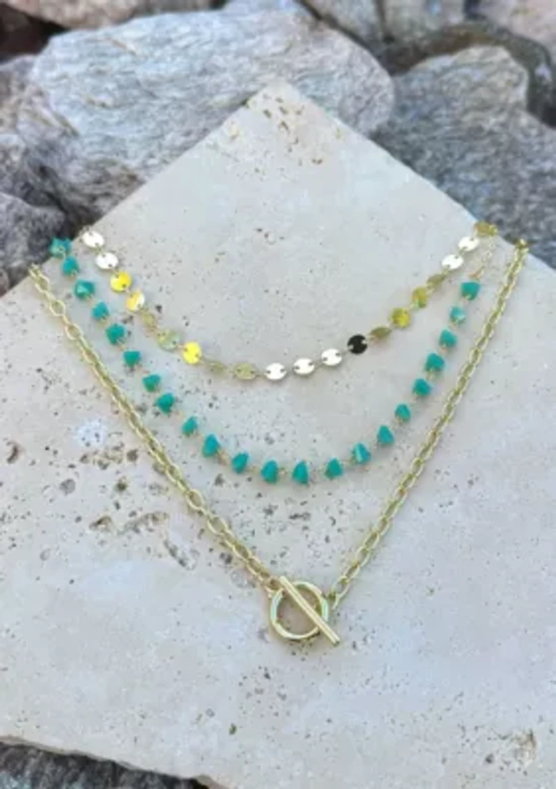 14k Gold Plated 3-Layer Toggle, Confetti, and Turquoise Necklace