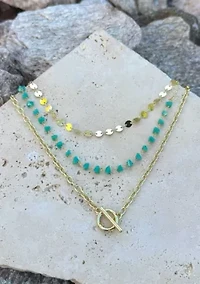 14k Gold Plated 3-Layer Toggle, Confetti, and Turquoise Necklace