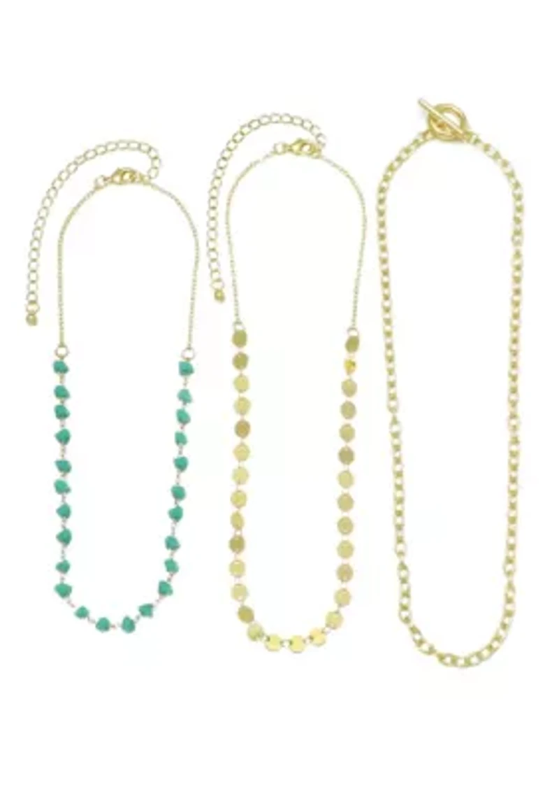 14k Gold Plated 3-Layer Toggle, Confetti, and Turquoise Necklace