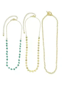14k Gold Plated 3-Layer Toggle, Confetti, and Turquoise Necklace