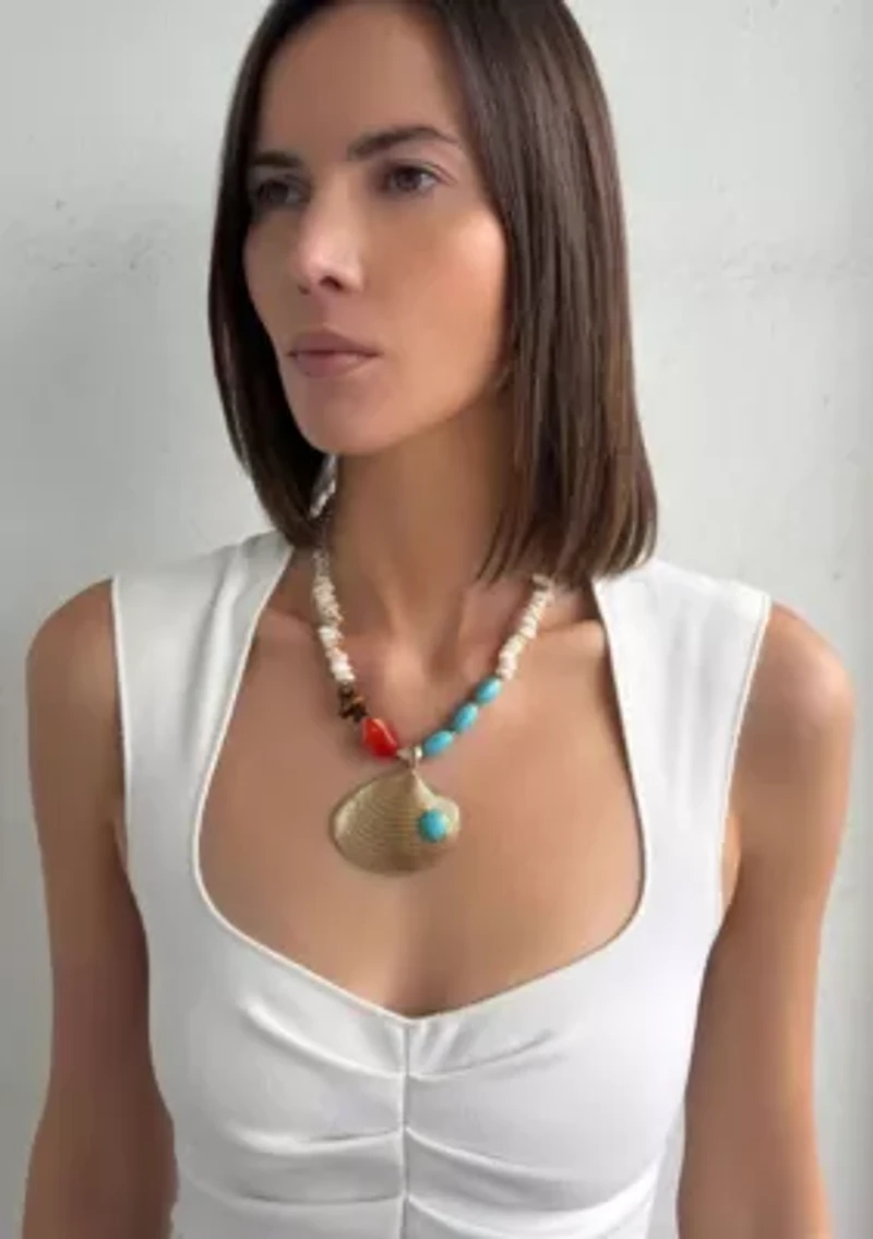 Gold Plated Mixed Beaded Necklace with Oversized Shell