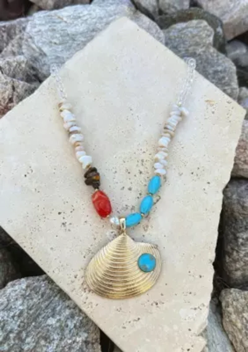 Gold Plated Mixed Beaded Necklace with Oversized Shell