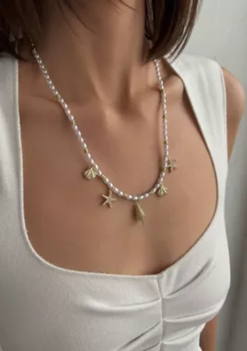 14k Gold Plated Adjustable 2mm Pearl Charm Necklace