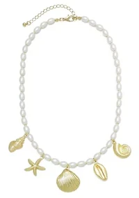 Gold Plated Chunky Pearl and Sea Charms Necklace