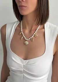 Gold Plated Chunky Pearl and Sea Charms Necklace