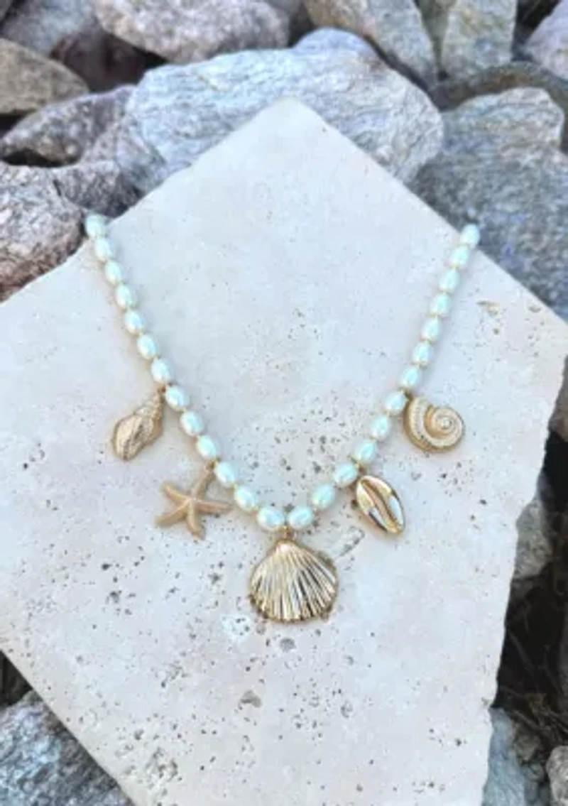 Gold Plated Chunky Pearl and Sea Charms Necklace