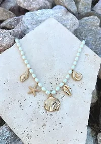 Gold Plated Chunky Pearl and Sea Charms Necklace