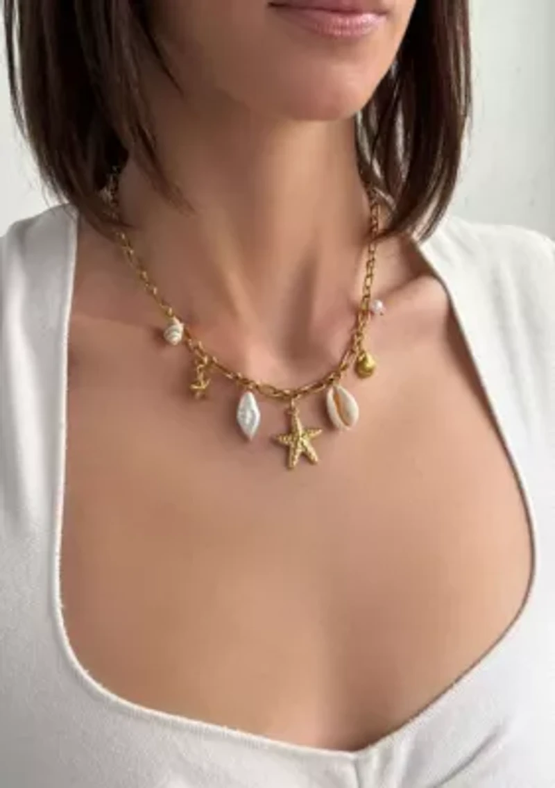 Tarnish Resistant 18k Gold Plated Freshwater Pearl and Charm Necklace