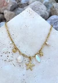 Tarnish Resistant 18k Gold Plated Freshwater Pearl and Charm Necklace