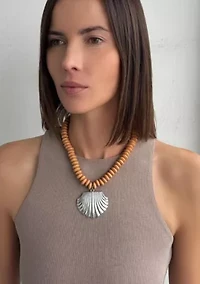 Silver Plated Oversized Shell Charm on a Wood Beaded Magnetic Clasp Chain