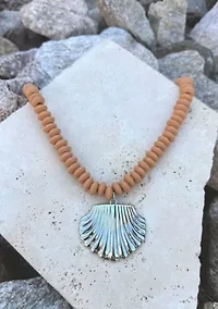 Silver Plated Oversized Shell Charm on a Wood Beaded Magnetic Clasp Chain