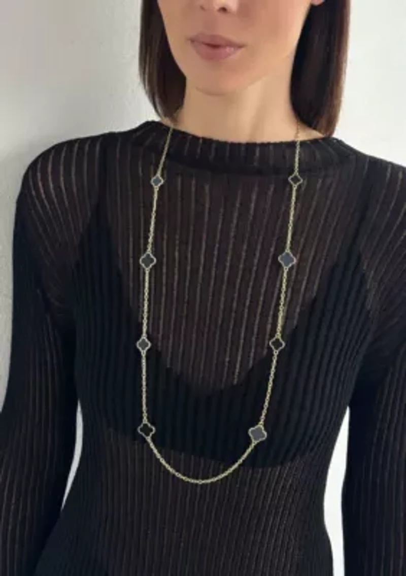 Gold Plated 36" Black Flower Station Necklace