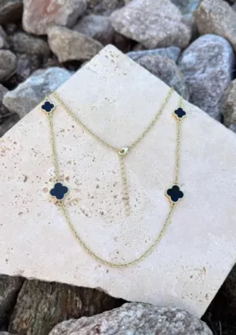 Gold Plated 36" Black Flower Station Necklace