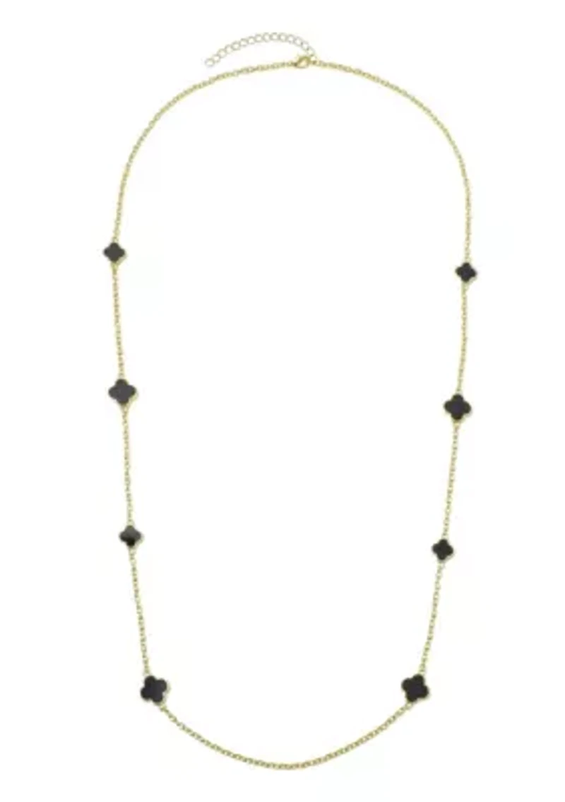 Gold Plated 36" Black Flower Station Necklace