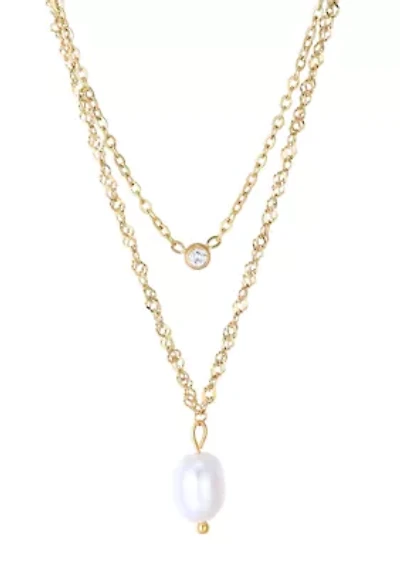 Tarnish Resistant 18k Gold Plated Layered Freshwater Pearl and CZ Necklace Set