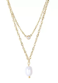 Tarnish Resistant 18k Gold Plated Layered Freshwater Pearl and CZ Necklace Set