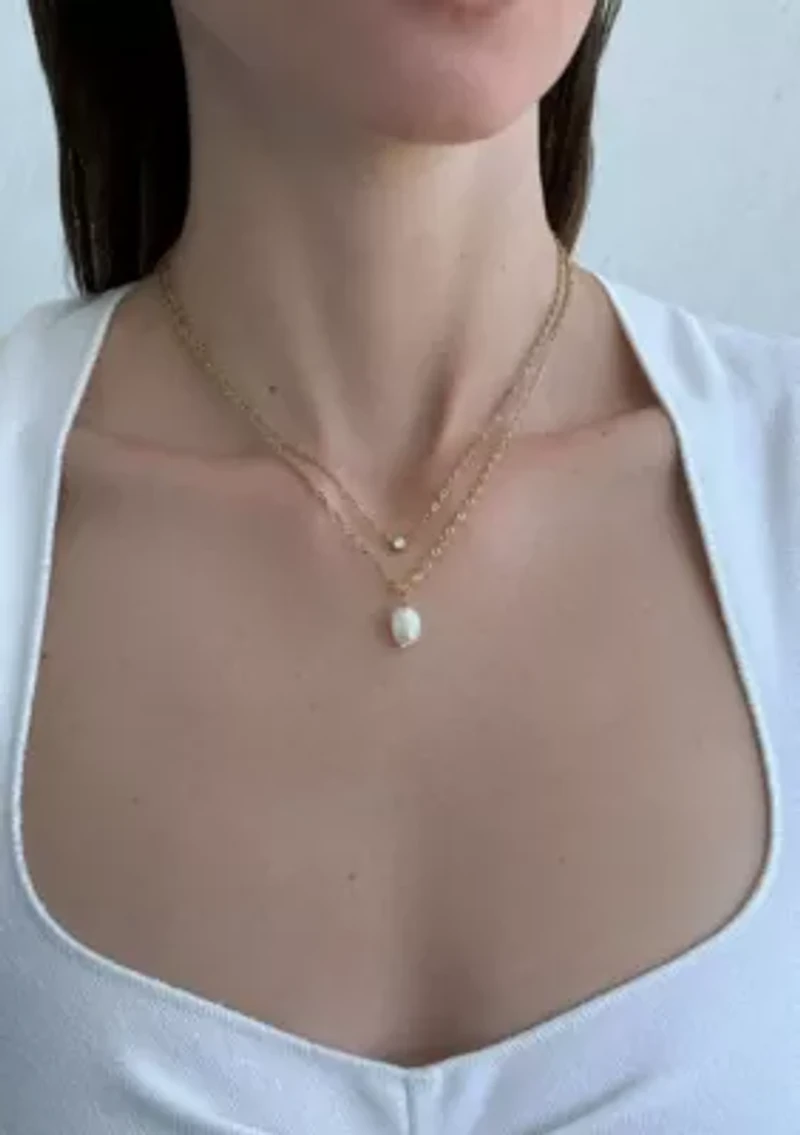 Tarnish Resistant 18k Gold Plated Layered Freshwater Pearl and CZ Necklace Set
