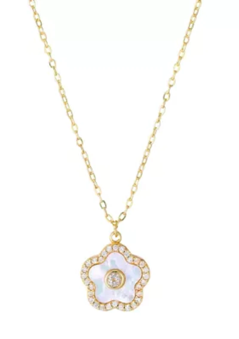 14k Gold Plated Mother of Pearl Flower with CZ Center Stone Pendant Necklace