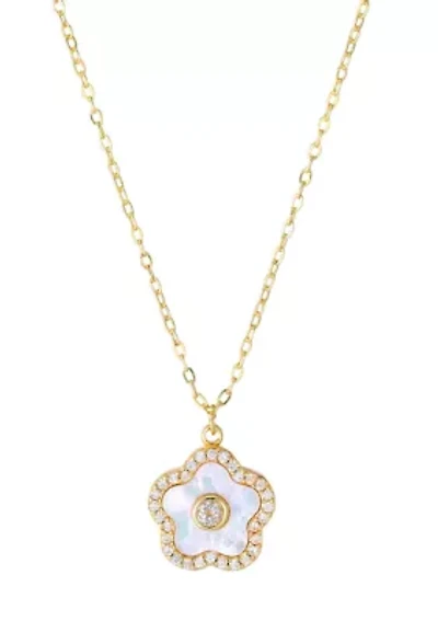 14k Gold Plated Mother of Pearl Flower with CZ Center Stone Pendant Necklace