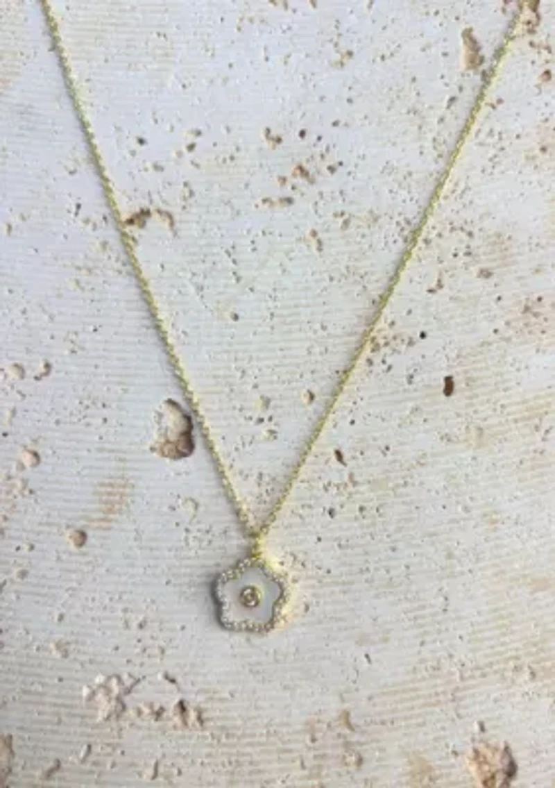 14k Gold Plated Mother of Pearl Flower with CZ Center Stone Pendant Necklace