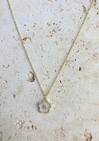 14k Gold Plated Mother of Pearl Flower with CZ Center Stone Pendant Necklace