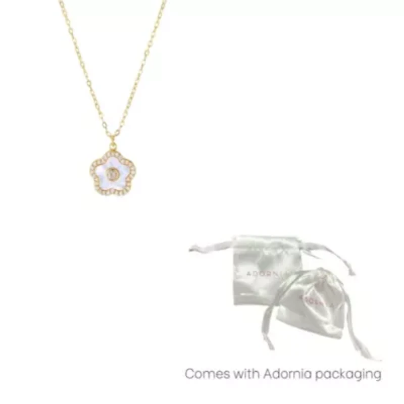 14k Gold Plated Mother of Pearl Flower with CZ Center Stone Pendant Necklace