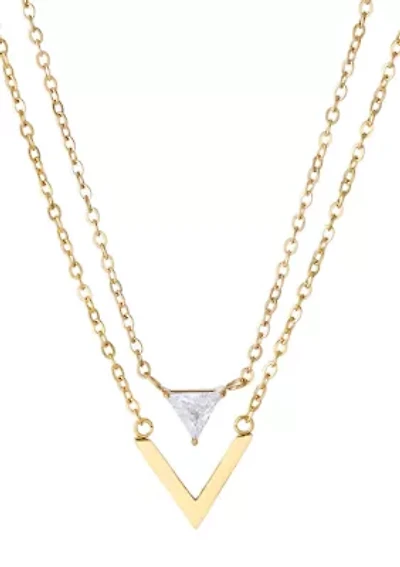18k Gold Plated Set of 2 Triangle CZ Pendant Necklaces