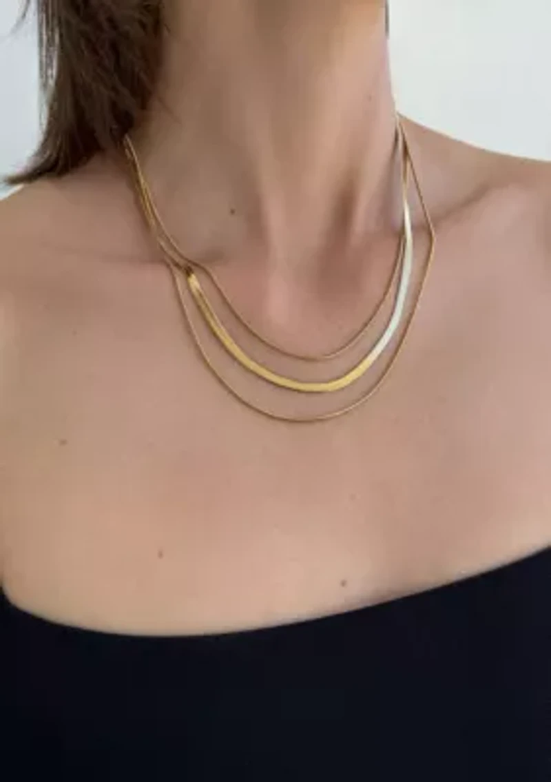 Tarnish Resistant 18k Gold Plated Layered Herringbone Necklace Set