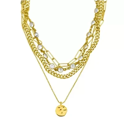 Messy Layered Necklace with Pebbled Charm gold