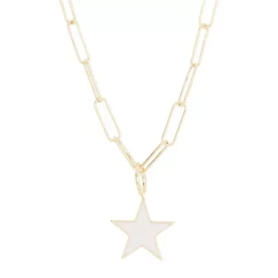 White Enamel Star Paper Clip Chain Necklace gold