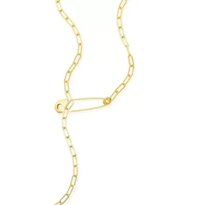 14k Gold Plated Safety Pin Paper Clip Chain Lariat Necklace
