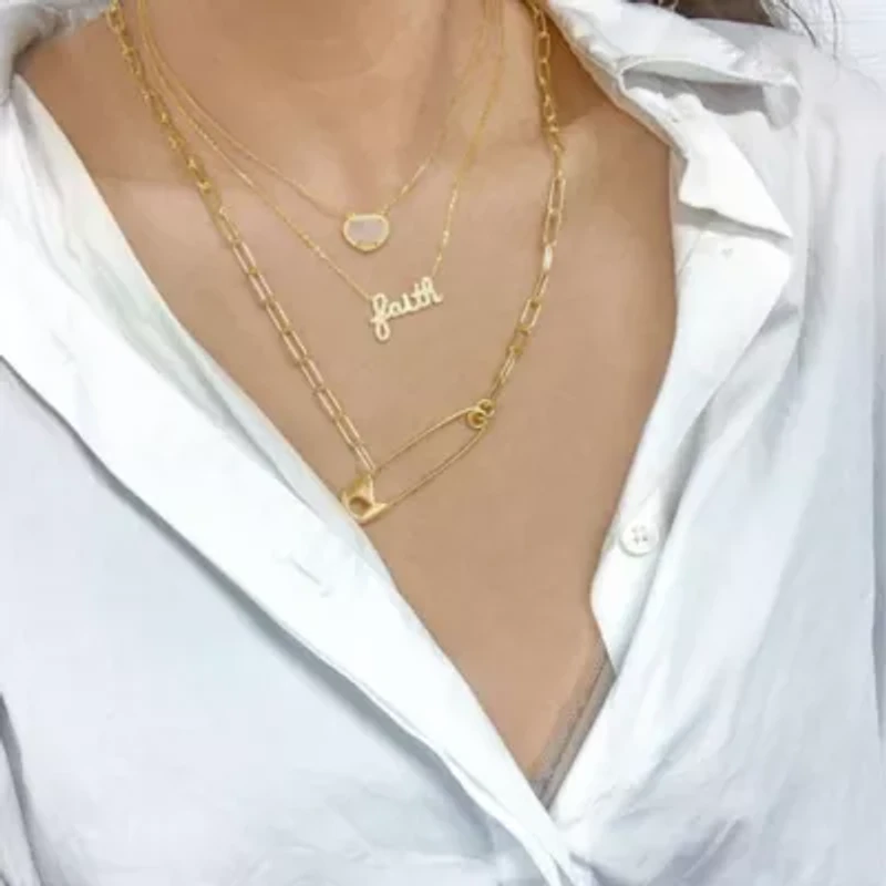14k Gold Plated Safety Pin Paper Clip Chain Necklace