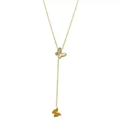 14k Gold Plated Mother of Pearl Butterfly Lariat Necklace