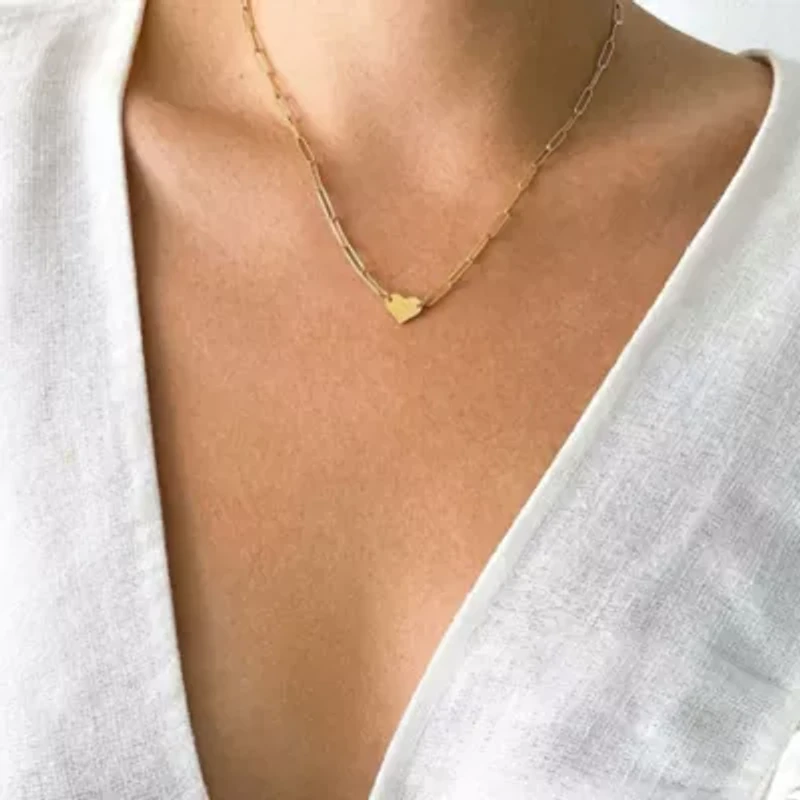 14k Gold Plated Heart Necklace with Paperclip Chain