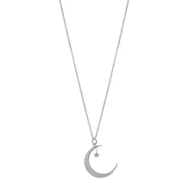 Rhodium Plated Hanging Moon and Star Necklace